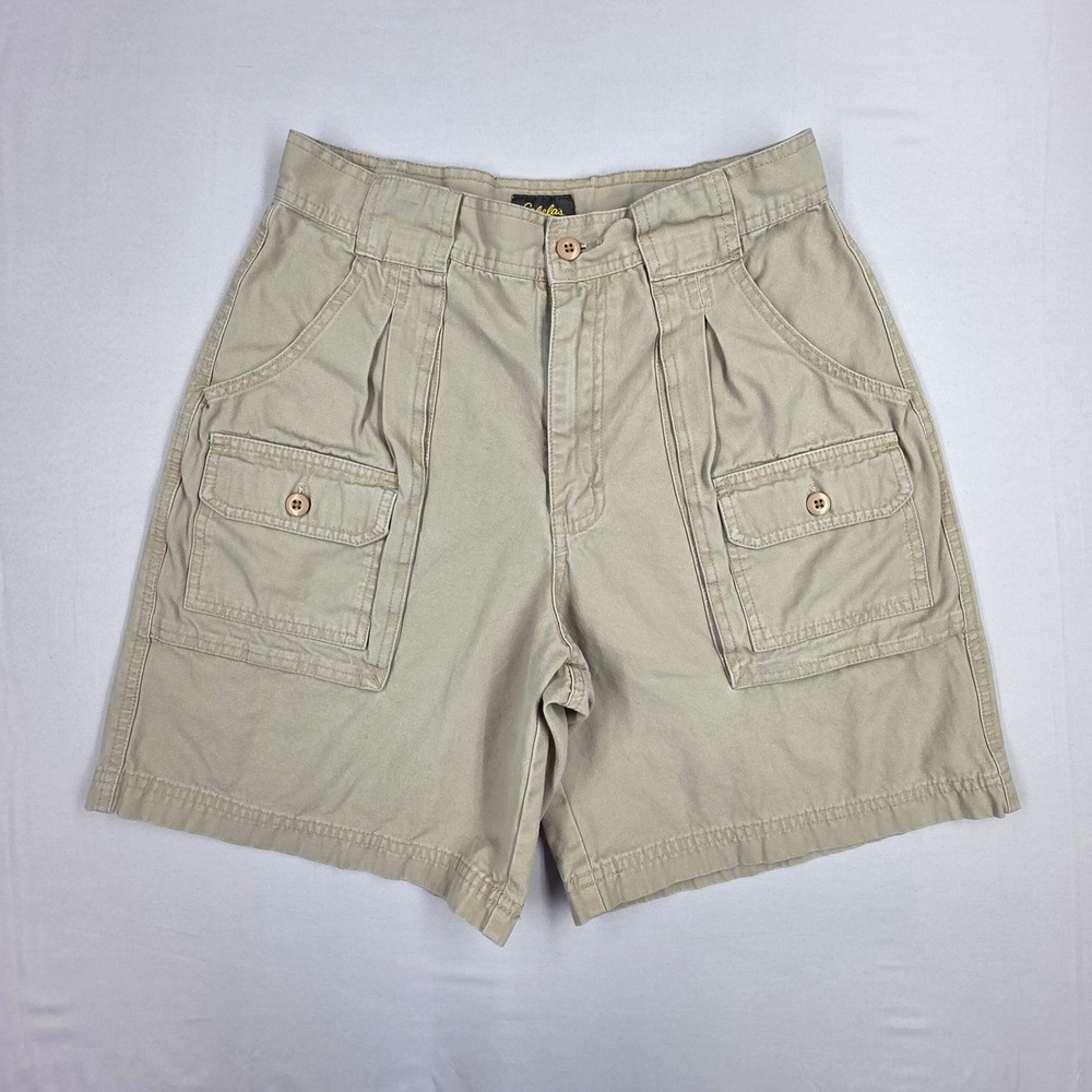 Cabelas Mens Tan Khaki Cotton Canvas Cargo Shorts Pleated Multi Pocket 27 Waist